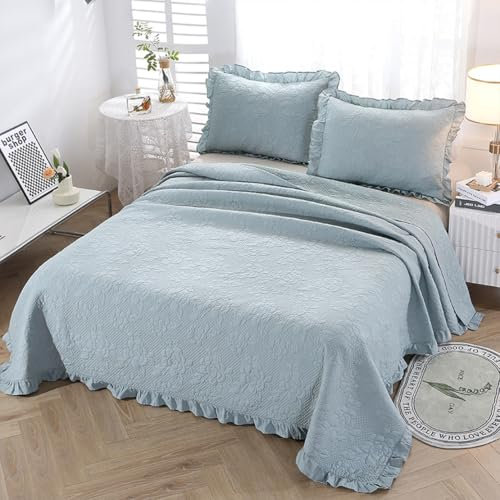 XIUWOUG Tagesdecke Gesteppte 220x240cm Rosa Gestickte Spitze Bett 3 Stück Bettüberwurf Bettwäsche Bettdecken,Sofadecken,Wurfdecken,Wohndecken,Blau,220X240 cm