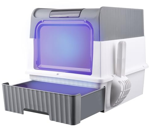 Maison de Toilette pour Chat, Bac à Litière Fermé avec des Rayons Ultraviolets et Pelle, Compartiment Inférieur Amovible pour Un Nettoyage Facile, Max. 6 kg (Gris-UV,48x35x36 cm)