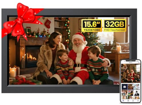 UCMDA Cornice Digitale WiFi da 15,6 pollici, Full HD Touch Screen Smart Digital Photo Frame con 32 GB di Memoria, Rotazione Automatica,Facile Installazione per Condividere Foto e Video Tramite Frameo