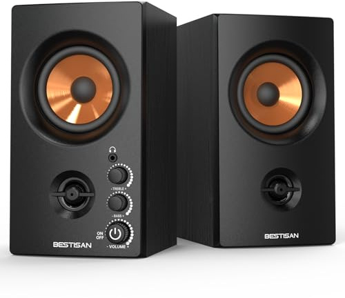 BESTISAN Active Bookshelf Speakers, 50W BT Home Speakers, 3’’ Woofer, 1’’ Silk Dome Tweeter PC Speakers, RCA Speakers for Desktop/Turntable/TV, Bass & Treble Adjustable, Headphone Port for Gaming