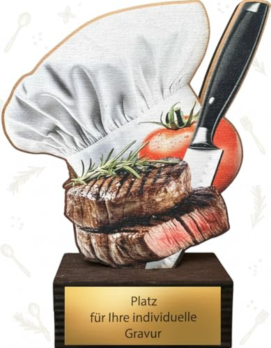 Küchen Pokal 13,5 cm - Kochmütze Steak Messer Motiv - Holz Trophäe | Auszeichnung aus Birkensperrholz für Kochwettbewerbe & Grillturniere, inklusive Gravurschild zur edlen Personalisierung