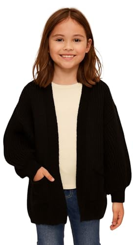 janisramone® Girls Balloon Sleeve Cardigan with Pockets, Open Front Chunky Knitted Oversized Cardigan Comfortable Warm Winter Cardigans for Girls Age 7-13 Years Black