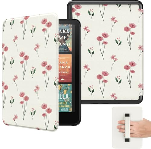 MoKo Hülle für Kindle Paperwhite 7 (12. Gen, 2024), Rosa Streublumen | Kompatibel mit Kindle Colorsoft Signature Edition 2024, leichte Hülle mit Handschlaufe, Auto Schlaf/Wach