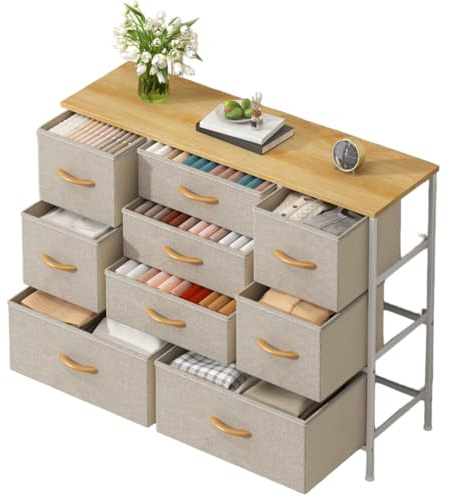 Feonase Chest of Drawers, Bedroom Dresser with 9 Fabric Drawers, Metal Frame & MDF Wood Top, Adjustable Feet, Storage Organizer Unit for Bedroom, Closet, Living Room, Hallway, Khaki