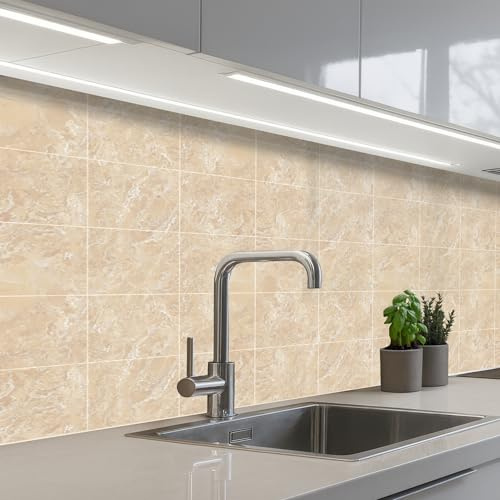 KitchenYeah© Paraschizzi Cucina Adesivo 60x150 cm Pannello Parete Paraspruzzi Pannelli Retro Marmo - Piastrelle - Beige