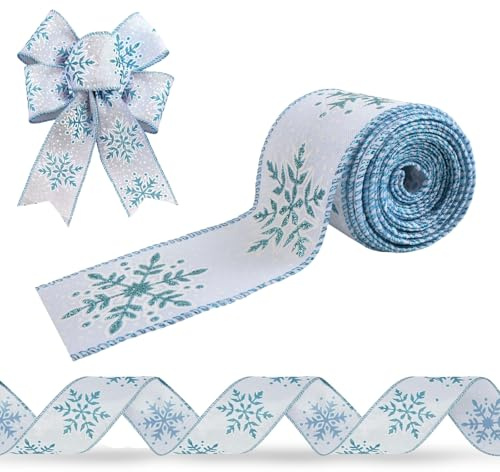 Weihnachtsband mit Draht, Champagnerblau Band mit Schneeflocke, 6.3CM Breit Geschenkband Weihnachtsband für Weihnachtsbaum, Geschenk Verpackung, DIY Handwerk, Girlande, Schleife, Party (4.57M)