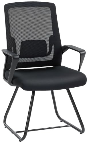 HOMCOM Desk Chair No Wheels, Mesh Back, Lumbar Support, Armrests, Black | Meeting Office Chair, Lumbar Support, Reception, Waiting Room, Conference Room