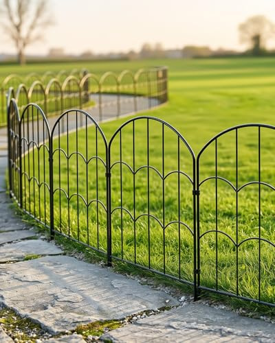 ARIFARO Valla Metálica Decorativa para Jardín 61cm de Alto x 33cm de Ancho, Longitud Total 3,3 m, 10 Paneles, Valla Exterior Resistente al óxido sin Excavación, Barrera para Animales Pequeños, Negro