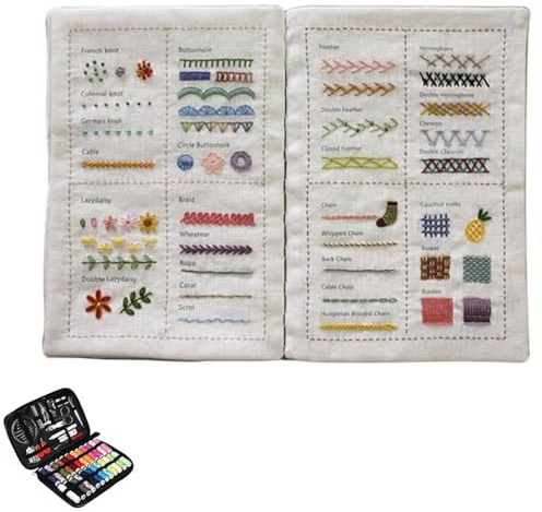 Kit de livre de point de broderie à faire soi-même avec outils et fil dentaire, guide de pratique du point à la main pour débutants, kit de couture portable avec échantillons de motifs (B + boîte à
