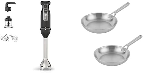 Ninja Foodi 3-en-1 Mixeur, Mélangeur et Hachoir à main, démarrage progressif, CI100EU + Ninja EverClad Ensemble de batterie de cuisine 2 poêles en acier inoxydable, C92000EUI