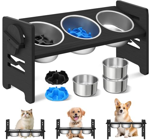 Mittimiya 3-teiliges Set Höhenverstellbar Katzennapf Erhöht, Erhöhter Futternapf Katze aus Bambus mit Edelstahl Näpfe für Wasser Futter, Futterstation Katze für Kleine Hunde und Katzen(Schwarz)