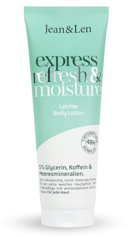 Jean & Len Body Lotion Express Refresh & Moisture, feuchtigkeitsspendende Tiefenpflegeformel mit Koffein & Sheabutter, zieht schnell ein, nicht-fettende Körperlotion, ohne Silikone, vegan, 250 ml