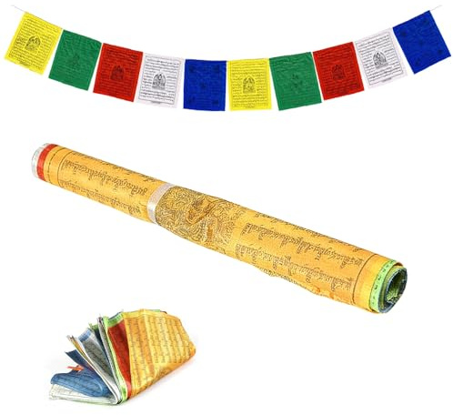LEIIERUY Tibetische Gebetsfahnen aus Polyester mit bunter Kordel, 20 Gebetsflaggen in 5 Farbdesigns, wetterfeste Lungta Fahnen für Garten Balkon Meditationsraum Wohnbereich