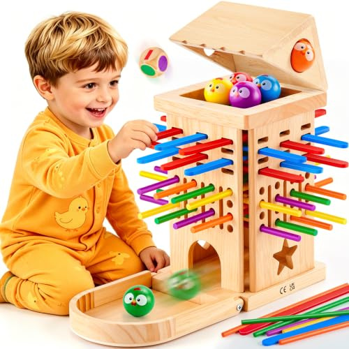 Kitojoy Montessori Spielzeug Holz Brettspiel ab 3 4 5 6 Jahren, Feinmotorik | Geschicklichkeitsspiel mit Bunten Stäbchen, Würfel & Kugel, Konzentration Fördern, Lernspielzeug Geschenk für Mädchen Jungen