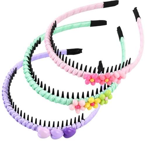 3 Pièces Bandes Cheveux Colorées Anti-glissement avec Cœur et Fleurs, Bandes de cheveux en Tissu avec Dents, Bandes de cheveux en plastique, Accessoires capillaires fleuris