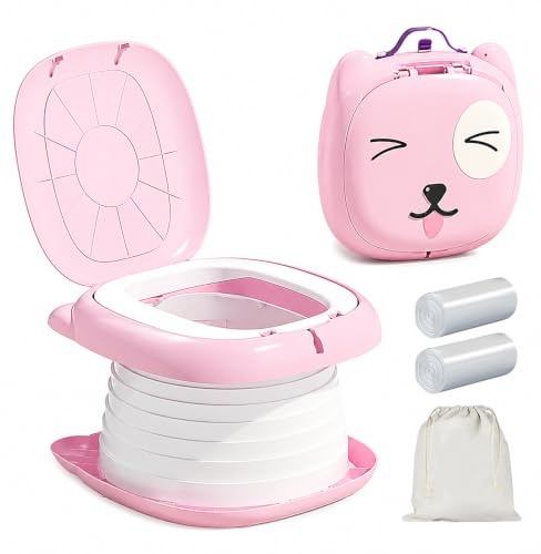 Reisetoilette Kinder, HOVCEH Töpfchen für Unterwegs, Reisetöpfchen Faltbar, Faltbares Töpfchen, Mobile Toilette Kinder mit 30 Reisen Potty Liners und 1 Aufbewahrungstasche für Drinnen und Draußen