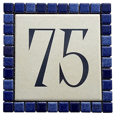GUIZZO Creart - Personalisierte Externe Hausnummer aus Keramik, Personalisiertes Türschild Straßen Namensschild mit Mosaikrahmen, Personalisiertes Eingangstürschild Made in Italy 12x12 Blau/Rahm