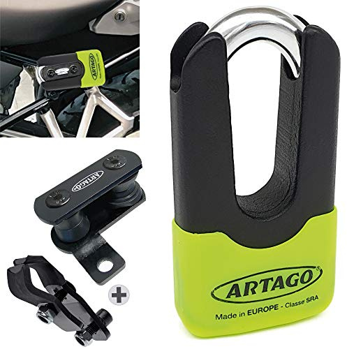 Artago 69X1 Pack Bromsskivlås Stöldskydd Hög Säkerhet + Hållare för BMW (R1250GS, R1200GS, F850GS, F800GS, F750GS, F700GS, G310GS, F900XR), Homologerad SRA, Sold Secure Gold, ART4