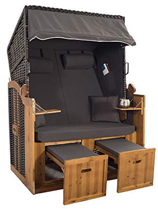 2-Sitzer Strandkorb Hörnum - Volllieger mit Fußablagen – inkl. Nackenkissen und Kuschelkissen Set - (Geflecht - Schwarz, Grau - Uni)