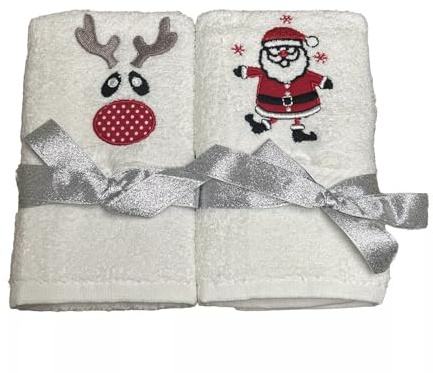 White 100% Turkish Cotton Christmas Guest Towels 30 x 50 cm - Rudolph & Santa