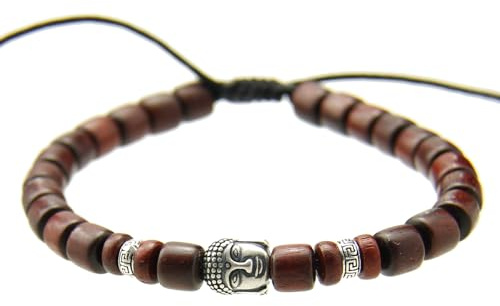 agathe création BP09112001 Bracelet tibetain Porte Bonheur - Tête de Bouddha - Bois Acajou et Argent 925 - Fait Main