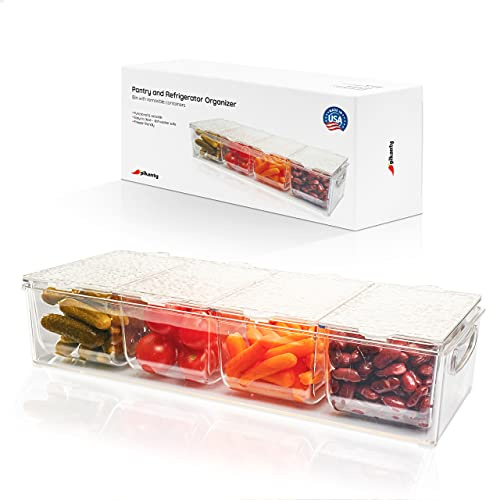Pikanty Condiment Server Tray with 4 Removable Containers and Lids - Taco Bar, Pizza Bar, Burger Bar, Salad Toppings Organizer with Carry Handles, Dishwasher Safe, Made in USA