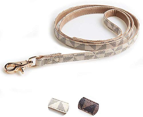 Welpen Lederleine, Strapazierfähige Leder-Checkmusterleine mit Metallschnalle, Weich Gepolsterter Griff für Komfort,Leinen für Kleine Hunde(1.2M Weiß)