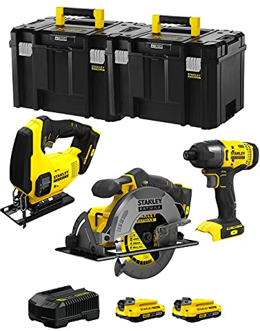 STANLEY FatMax Kit SVK304 (Sierra de Calar SFMCS600 + Sierra Circular SFMCS500 + Atornillador de Impacto SFMCF800 + 2 Baterías de 2,0 Ah + Cargador + TSTAK VI)