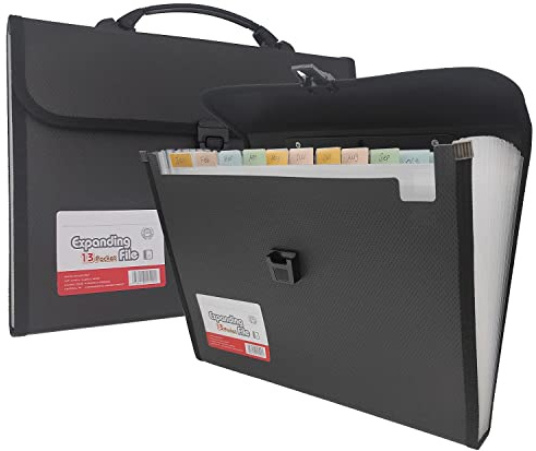 Cartella portadocumenti espandibile con etichette, 13 tasche a fisarmonica, organizer per documenti, con cerniera, formato A4, 1 confezione (nero)