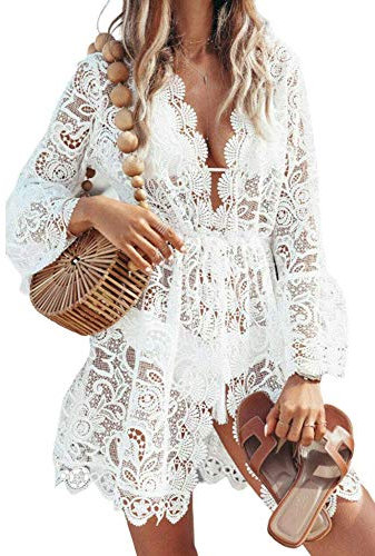 Springcmy Frauen Sexy Lace Hollow Crochet Bikini Cover-ups Floral Mini Beach Dress Beachwear Badeanzug (White, X-Large)