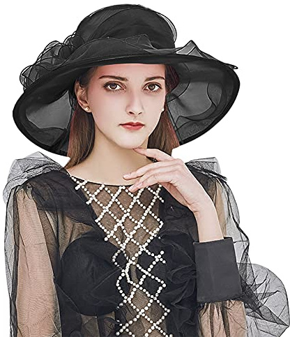 OhMill Damen Sonnenhut Breiter Krempe Retro Reisehut mit Blumendekoration Größe 60 cm, Schwarz , 60