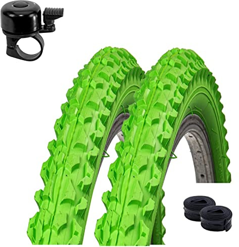 2 x Roverstone 26 Fahrradreifen Fahrradmantel grün 57-559 (26x2,125) + 2 Schläuche AV inkl. Fahrradklingel