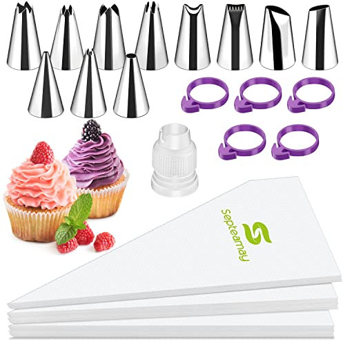 Septeamay Manga pastelera con boquillas, 100 Piezas de Manga pastelera desechable, Juego de 11 Piezas, Adaptador, Manga pastelera Profesional desechable para Tartas, Cupcakes, esculpires, Hornear