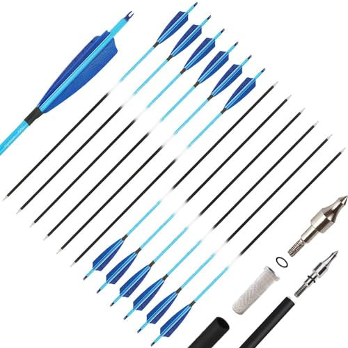 wolfman 12X 32 Zoll Carbonpfeile für Bogenschießen Sp 500 Pfeil Bogen Pfeile Carbon Pfeile Zielpfeile Jagdpfeile mit 4 5 Zoll Natürliche Federn für Recurvebogen Compoundbogen (5 Feder, Blau)