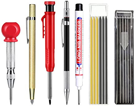 HyzaPhix 7 Pack Tieflochmarker Set mit Zimmermannsbleistift, Solide Tischler Bleistifte, Bohrlochmarker , Reißnadel Gold,automatischer Körner,bleistiftminen für Holzbearbeitung Tischler Werkzeug