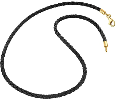 Nenalina Halskette Leder (3mm) schwarz lässiges Lederhalsband für Anhänger | handgefürtigt aus 925 Sterling-Silber vergoldet Lederkette Damen ohne Anhänger