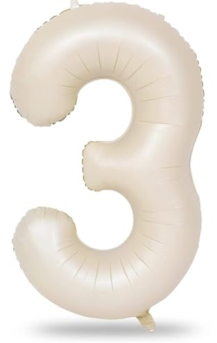 40 Inch Beige Large Numbers Balloons 3, Self Inflating Ivory White Digit 3 Helium Balloons for 3rd Girls, Cream Foil Mylar Number Balloons 0-9 for Women Birthday Party Anniversary Supplies Decorations