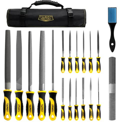 TARIST Feilenset Metall und Holz 19tlg mit Werkzeugtasche, inkl 12 Nadelfeilen, 4 Metallfeilen, 1 halbrunde Raspel, 1 4-in-1 Stahl Raspel, 1 Stahlbürste