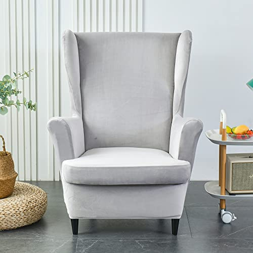MIFXIN Wing Chair Slipcover 2 Piece Set Velvet Stretch Wingback Chair Cover with Cushion Cover Soft Washable Armchair Furniture Protector for Living Room Bedroom (Light Grey)