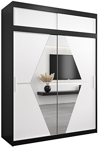 KRYSPOL Schwebetürenschrank Boliwia 180 cm mit Spiegel Kleiderschrank mit Kleiderstange und Einlegeboden Schlafzimmer- Wohnzimmerschrank Schiebetüren Modern Design (Schwarz + Weiß mit Erweiterung)