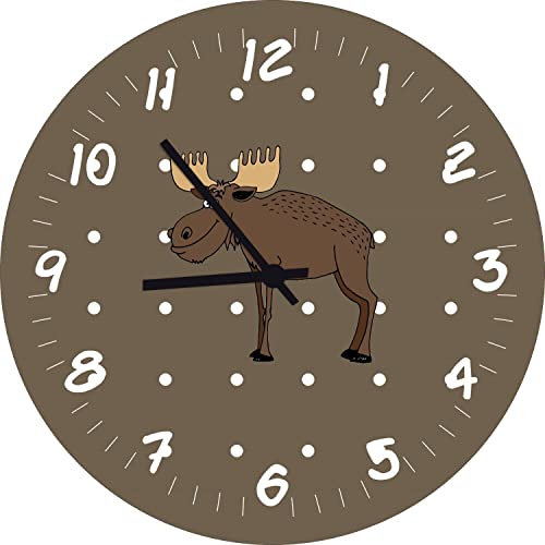 Shirtinstyle Kinderzimmeruhr mit Tiermotiv Hirsch Elch Geschenk Uhr Kinder Handmade Wanduhr Wunschtext Name, 29cm, Farbe Walnuss