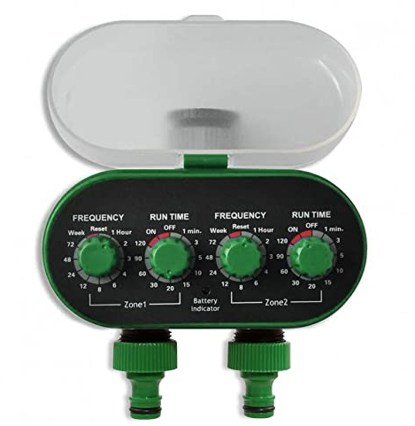 GNCGarden Temporizador automático de riego para jardín Doble Salida para un Control eficiente. Dos sectores simultáneamente. Configuración fácil con Dos Ruedas para Tiempo de Ciclo y riego.