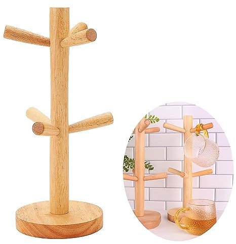 Eorqiurm Holz Tassen Halter,Tassenhalter Hölzerner Brezelständer Tasse Rack Baum Kaffee Tassenhalter mit 6 Cup Haken für Tee Kaffeetasse Becher Schmuck Haken Mug holder
