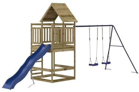 vidaXL Outdoor Playset, Garden Playhouse with Swing Set and Wave Slide, Play Tower for Age 4 and Over, Playground Equipment, Impregnated Wood Pine