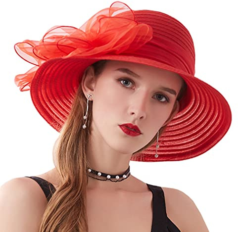 ZESLIV Damenhut Organza Hut Hochzeit Anlasshut Brauthut Sonnenhut mit Schleife Sommerhut Sonnenschutz Strandhut Strohhüte