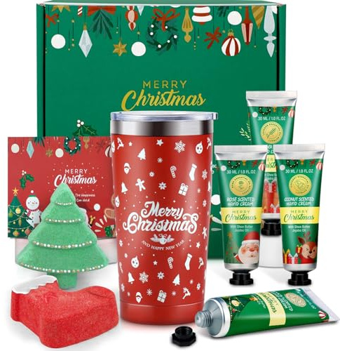 Geschenke für Frauen Weihnachten, Kleine Weihnachtsgeschenke für Frauen-7 tlg: 1x Weihnachtsbecher(600 ML), 4 x Handcreme mini Weihnachten, 2 x Badebomben, Lustige Geburtstagsgeschenke