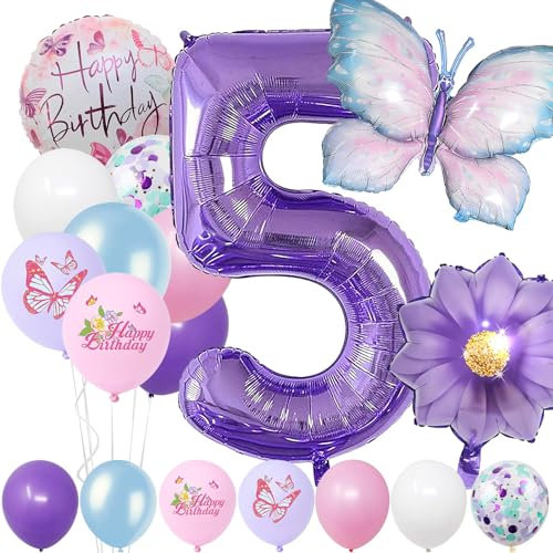 5 Jahre Set - Zahl Folienballon，22 Stück Blau Lila Geburtstagsdeko，Schmetterling Blumen Ballon，Kindergeburtstag Party Deko Zahl 5 Luftballon für Mädchen Jungen Geburtstags Festival Party Dekoration