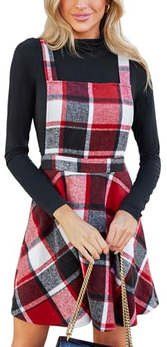 CUPSHE Damen Latzrock Quadratischer Ausschnitt Karomuster A Linie Latzkleid Overallkleid Freizeitkleider Plaid Mini Dress Rot Kariert L