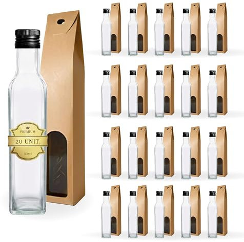 Espirito Rebelde 20 Bouteilles en Verre 500ml avec Bouchon a Vis Noir + 20 Boîtes | Huile d'Olive, Vinaigre, Alcool | Huilier en Verre