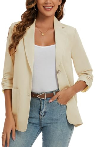 Women 3/4 Sleeve Linen Blazer Casual Summer Lightweight Jacket (Beige-2XL)